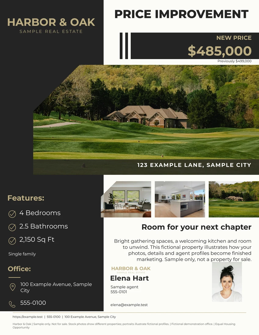 Price improvement layout using fictional sample details and stock property photography