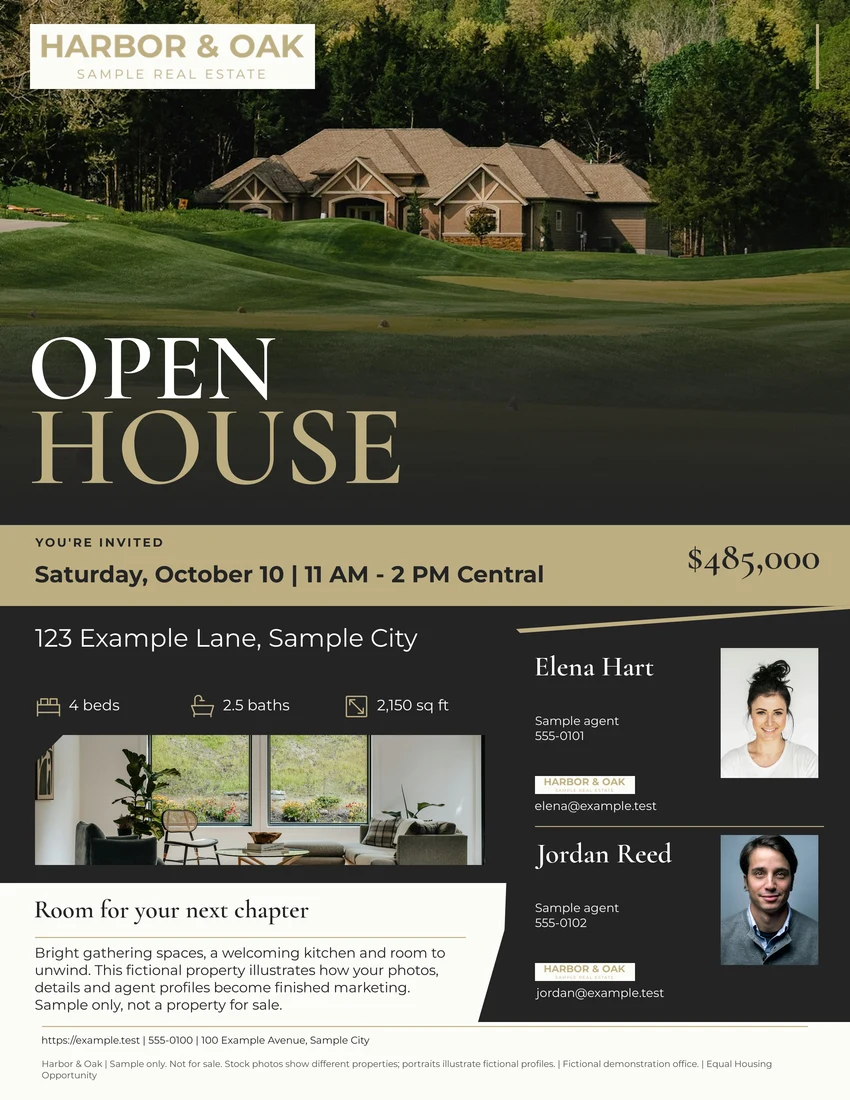 Open house layout using fictional sample details and stock property photography